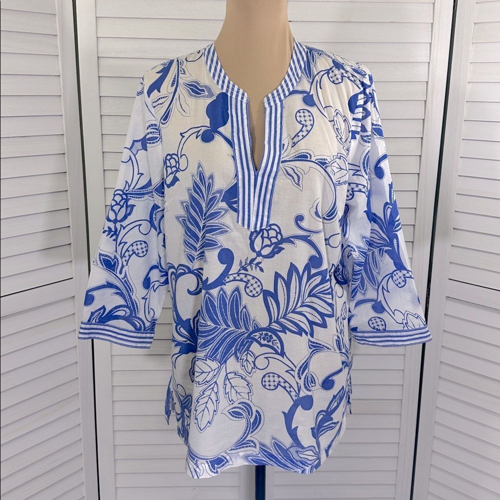 Talbots Cotton Tunic Size Large Paisley Blue White Floral NWOT - Picture 3 of 12